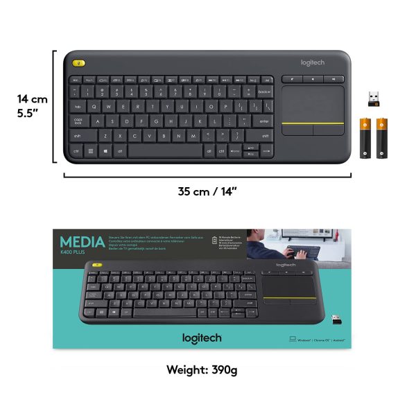 Logitech K400 Plus Wireless Touch TV Keyboard with Easy Media Control and Built-in Touchpad, HTPC Keyboard for PC-Connected TV, Windows, Android, Chrome OS, Laptop, Tablet - Black - Image 3