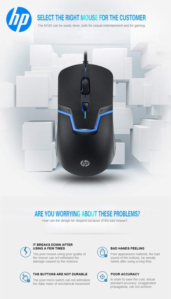 HP M100 USB Wired Gaming Optical Mouse with LED Backlight and Adjustable 1000/1600 DPI Settings, 3 Buttons and Press Life Up to 5 Million Clicks, 1 Year Warranty  Black - Image 6