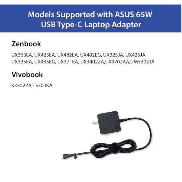 ASUS AC65-00 65W USB Type-C Adapter/Charger Connector, USB PD 3.0 Technology with 5V/3A, 9V/3A, 15V/3A and 20V/3.25A Output for Laptop, Black - Image 7