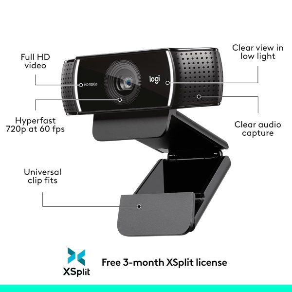 Logitech C922 Pro Stream Webcam, HD 1080p/30fps or HD 720p/60fps, Digital, Hyperfast Streaming, Stereo Audio, HD Light Correction, Autofocus, for YouTube, Twitch, XSplit - Black - Image 7