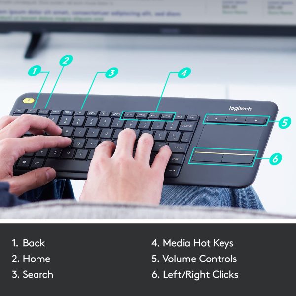 Logitech K400 Plus Wireless Touch TV Keyboard with Easy Media Control and Built-in Touchpad, HTPC Keyboard for PC-Connected TV, Windows, Android, Chrome OS, Laptop, Tablet - Black - Image 5