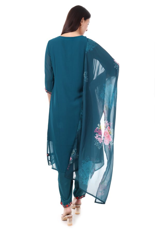 MR ANDERSON'S Women's Teal Floral Embroidered Salwar Suit Set, 3/4 Sleeve Kurta with Dupatta and Pants, Traditional Indian Wear - Image 5
