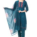 MR ANDERSON'S Women's Teal Floral Embroidered Salwar Suit Set, 3/4 Sleeve Kurta with Dupatta and Pants, Traditional Indian Wear