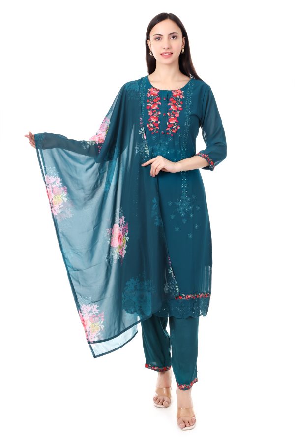 MR ANDERSON'S Women's Teal Floral Embroidered Salwar Suit Set, 3/4 Sleeve Kurta with Dupatta and Pants, Traditional Indian Wear