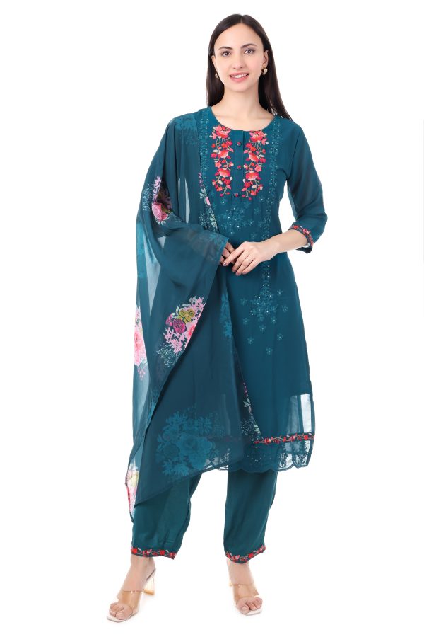 MR ANDERSON'S Women's Teal Floral Embroidered Salwar Suit Set, 3/4 Sleeve Kurta with Dupatta and Pants, Traditional Indian Wear - Image 2