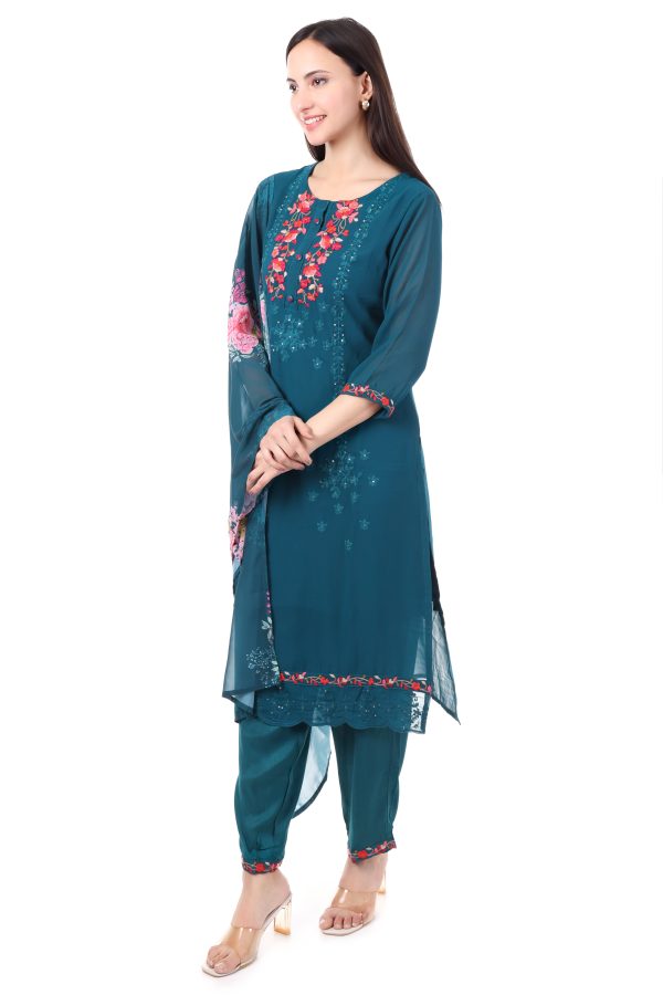 MR ANDERSON'S Women's Teal Floral Embroidered Salwar Suit Set, 3/4 Sleeve Kurta with Dupatta and Pants, Traditional Indian Wear - Image 3