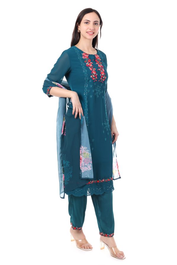 MR ANDERSON'S Women's Teal Floral Embroidered Salwar Suit Set, 3/4 Sleeve Kurta with Dupatta and Pants, Traditional Indian Wear - Image 4