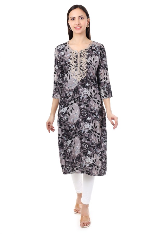 MR ANDERSON'S Women's Floral Print Straight Kurta, 3/4 Sleeve, Grey and Black, Embellished Neckline ( Only Kurti )