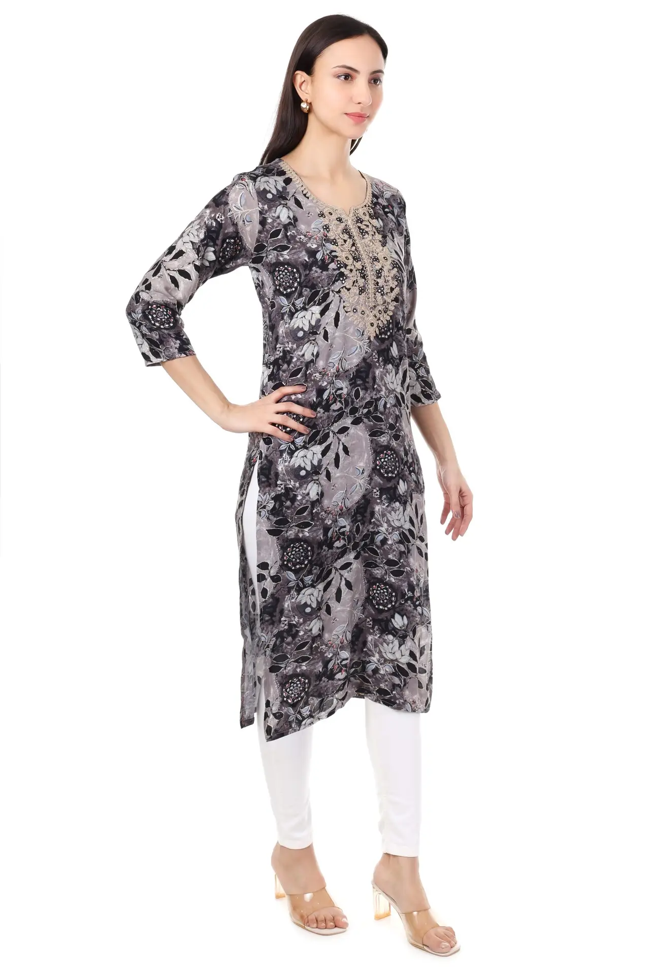 MR ANDERSON'S Women's Floral Print Straight Kurta, 3/4 Sleeve, Grey and Black, Embellished Neckline ( Only Kurti ) - Image 4