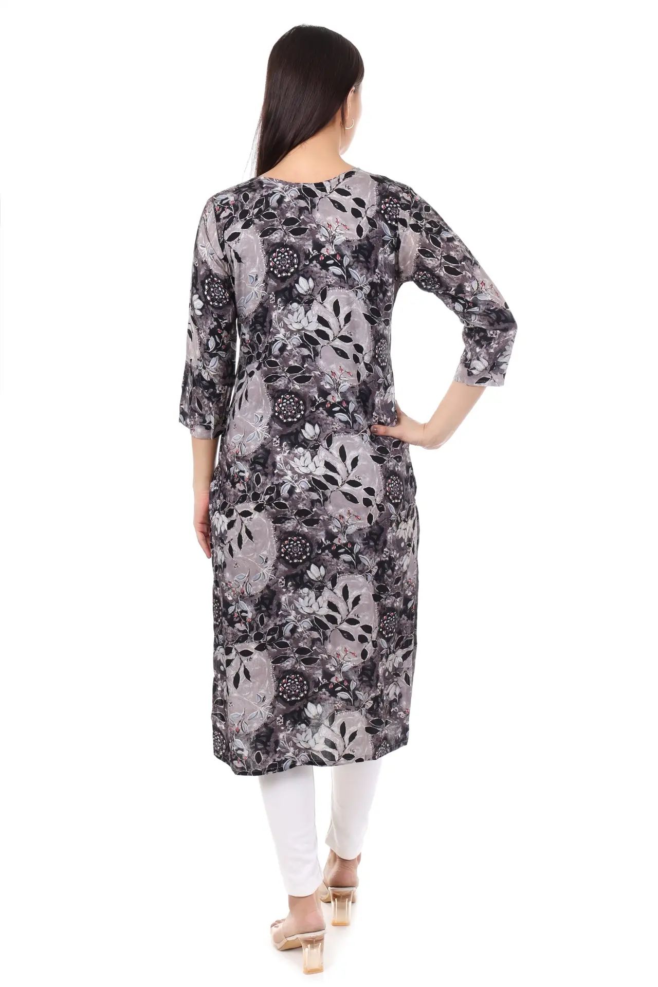 MR ANDERSON'S Women's Floral Print Straight Kurta, 3/4 Sleeve, Grey and Black, Embellished Neckline ( Only Kurti ) - Image 5