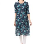 MR ANDERSON'S Women's Floral Print Straight Kurta, Navy Blue with Turquoise, 3/4 Sleeve, Casual Wear ( Only Kurti )