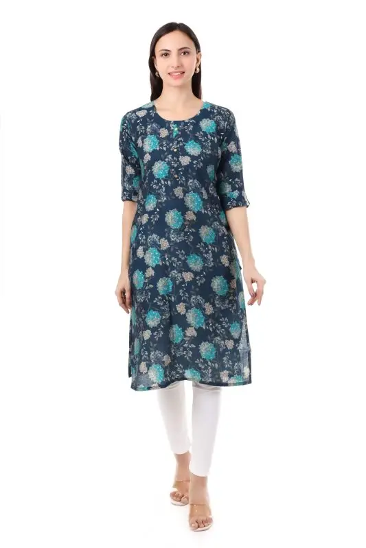 MR ANDERSON'S Women's Floral Print Straight Kurta, Navy Blue with Turquoise, 3/4 Sleeve, Casual Wear ( Only Kurti )