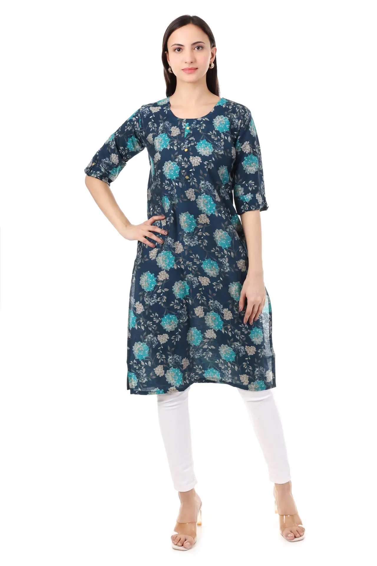 MR ANDERSON'S Women's Floral Print Straight Kurta, Navy Blue with Turquoise, 3/4 Sleeve, Casual Wear ( Only Kurti ) - Image 2