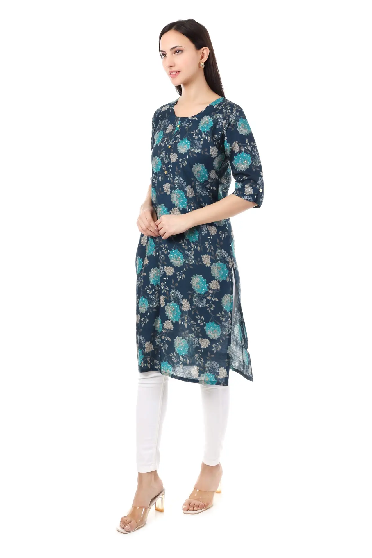 MR ANDERSON'S Women's Floral Print Straight Kurta, Navy Blue with Turquoise, 3/4 Sleeve, Casual Wear ( Only Kurti ) - Image 3
