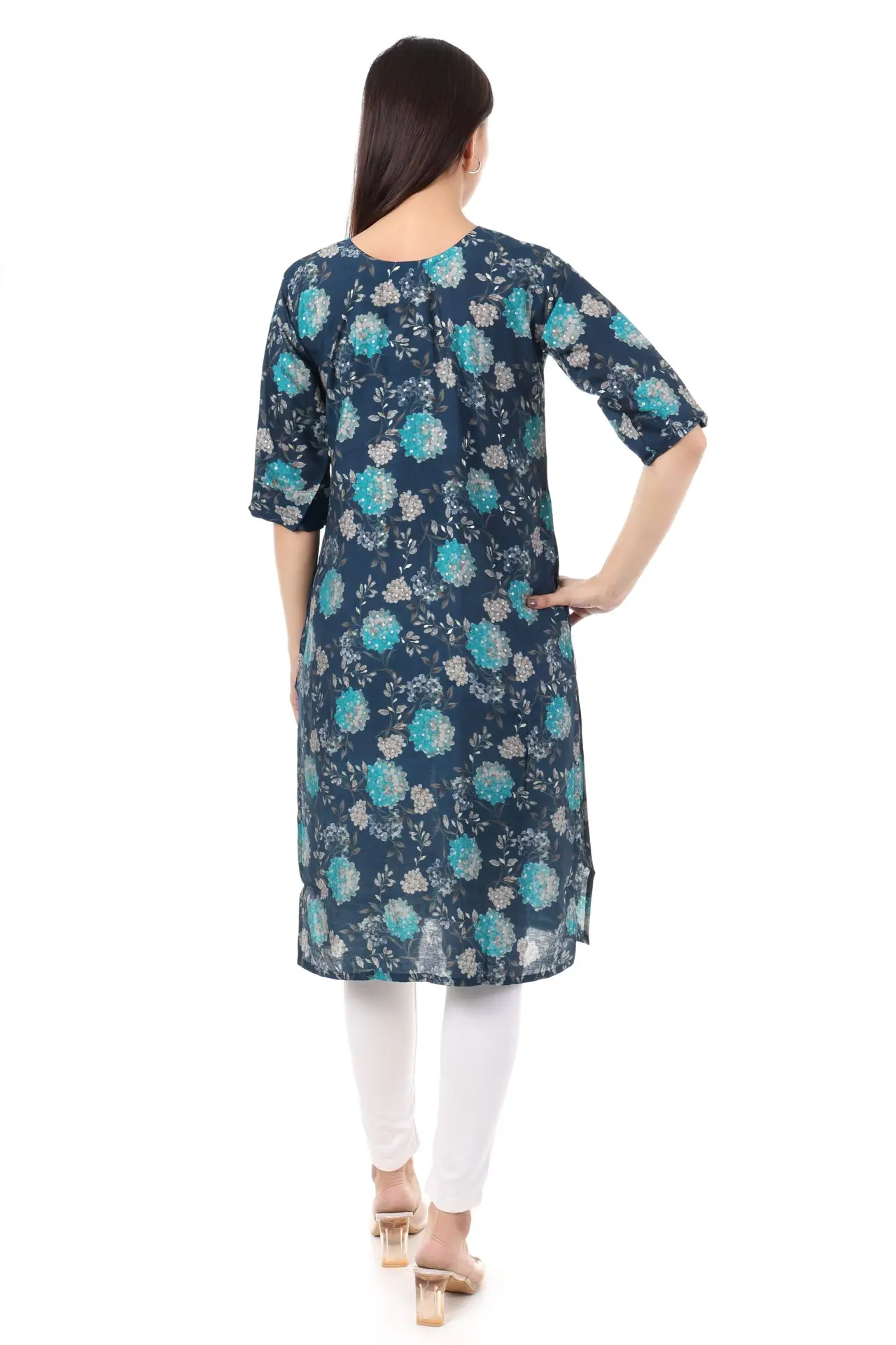 MR ANDERSON'S Women's Floral Print Straight Kurta, Navy Blue with Turquoise, 3/4 Sleeve, Casual Wear ( Only Kurti ) - Image 5