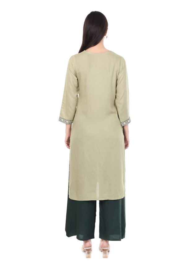 MR ANDERSON'S Women's Embroidered Straight Kurti, Light Sage Green, 3/4 Sleeves with Geometric Pattern - Image 5