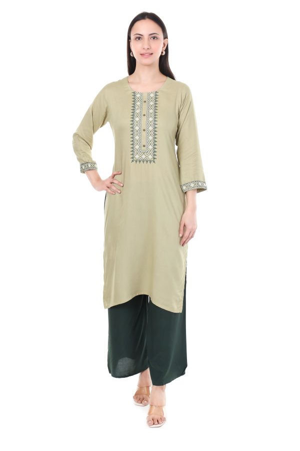 MR ANDERSON'S Women's Embroidered Straight Kurti, Light Sage Green, 3/4 Sleeves with Geometric Pattern - Image 2