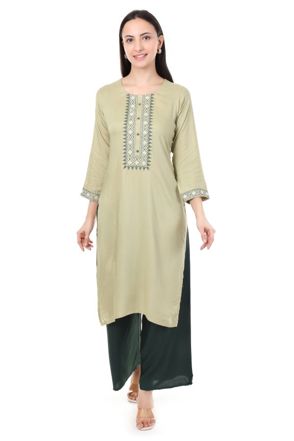MR ANDERSON'S Women's Embroidered Straight Kurti, Light Sage Green, 3/4 Sleeves with Geometric Pattern
