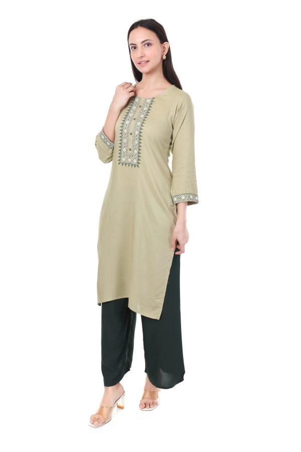 MR ANDERSON'S Women's Embroidered Straight Kurti, Light Sage Green, 3/4 Sleeves with Geometric Pattern - Image 3