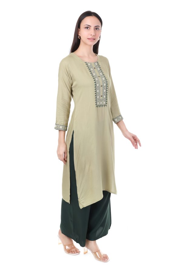 MR ANDERSON'S Women's Embroidered Straight Kurti, Light Sage Green, 3/4 Sleeves with Geometric Pattern - Image 4