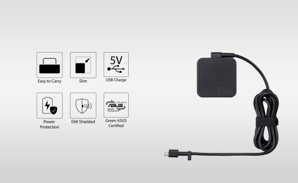 ASUS AC65-00 65W USB Type-C Adapter/Charger Connector, USB PD 3.0 Technology with 5V/3A, 9V/3A, 15V/3A and 20V/3.25A Output for Laptop, Black - Image 2